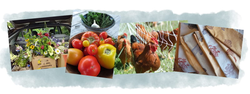 Collage of flowers,tomatoes,hens,linens