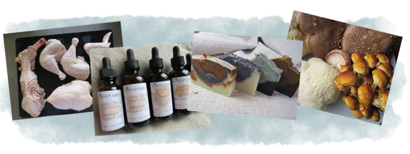 Collage of chicken, tinctures, soaps, mushrooms