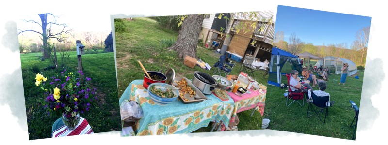 Collage of flowers, food table, and group of happy people