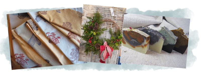 Collage of linens, soap, wreath